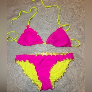 Juniors, neon, pink and yellow ruffle bikini